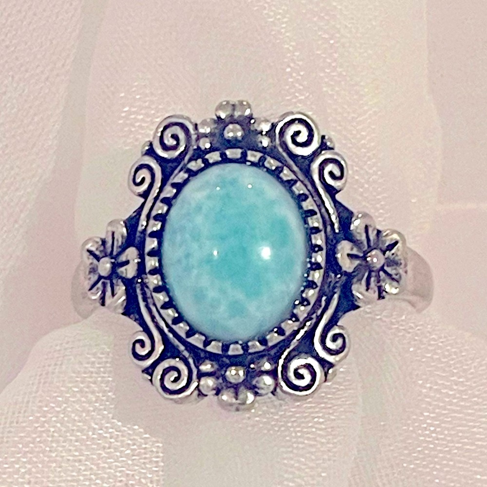 Elegant 925 Solid Sterling Silver Larimar Gemstone Rhodium Plated Ring